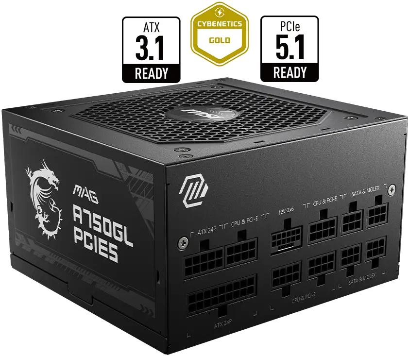 MSI MAG A750GL PCIE5 – ATX 3.1, 750W 80+ Gold, Full Modular, 90% Efficiency, LLC Full Bridge Topology