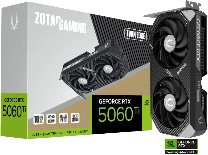 ZOTAC GAMING GeForce RTX 5060 Ti 16GB Twin Edge ZT-B50620E-10M – 2572MHz Boost, PCIe 5.0, DLSS 4, 3xDP, 1xHDMI, IceStorm 2.0