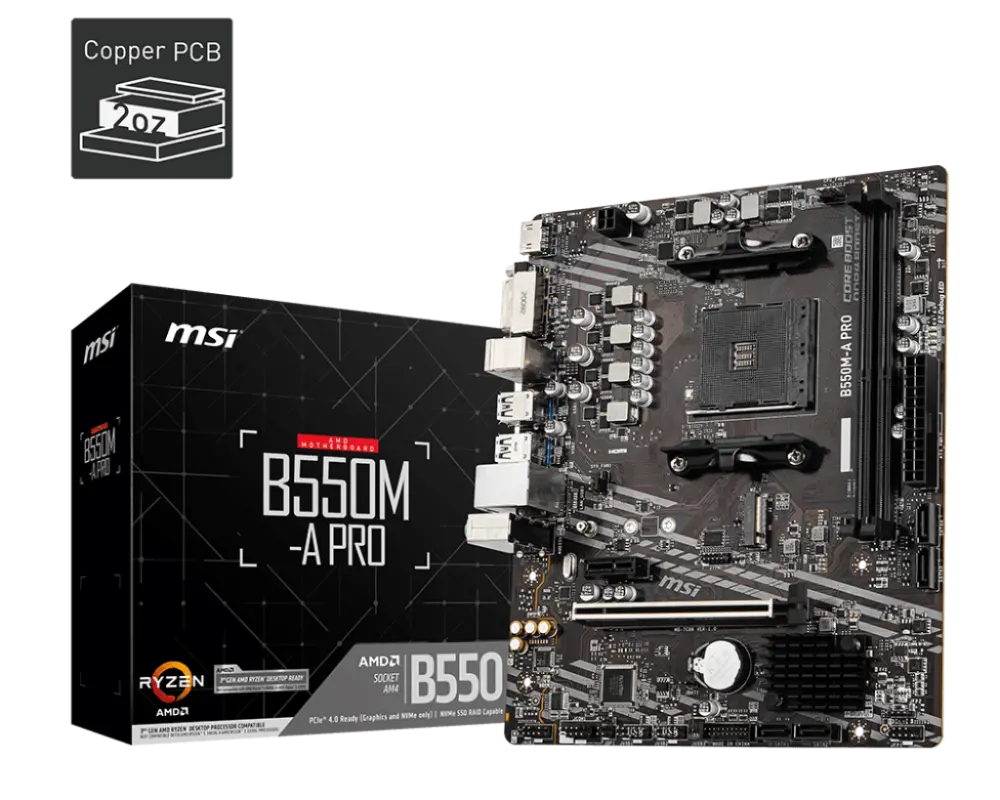 MSI B550M-A PRO Micro-ATX Motherboard — AM4, 64GB DDR4, PCIe 4.0 x16, NVMe M.2, HDMI, DVI-D, 1Gb LAN