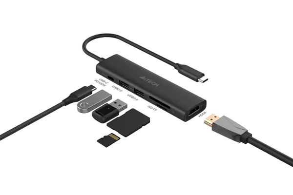 A4Tech DST-60C 6-in-1 USB-C Docking Station – 4K@60Hz HDMI, 100W Power Delivery, 2× USB 3.0, SDTF Card Slots, 100cm Cable, Aluminum Alloy, Ash Grey