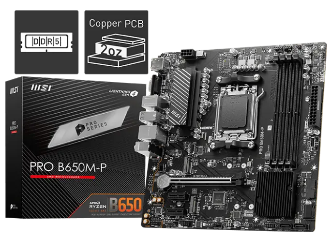 MSI PRO B650M-P Micro-ATX Motherboard – AM5, 256GB DDR5 7200+(OC), PCIe 4.0, 2× M.2, HDMI, DP, VGA