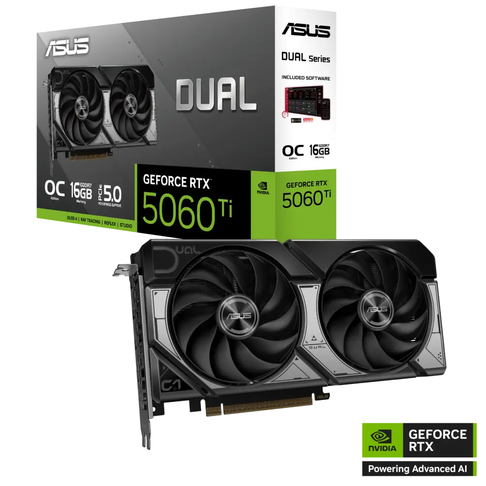 ASUS Dual GeForce RTX 5060 Ti 16GB GDDR7 – 2632MHz OC, PCIe 5.0, 4608 CUDA Cores, DLSS 4, Dual-Fan Cooling, Blackwell