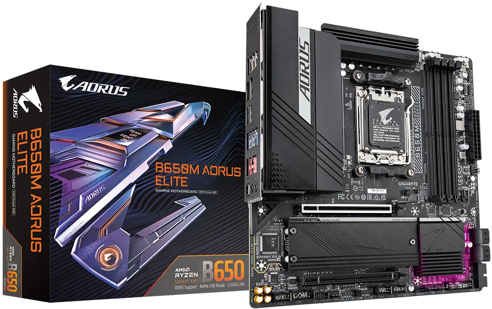 Gigabyte B650M AORUS ELITE M-ATX — AM5, DDR5-8000 OC, Dual M.2 (Gen5/Gen4), 2.5Gb LAN