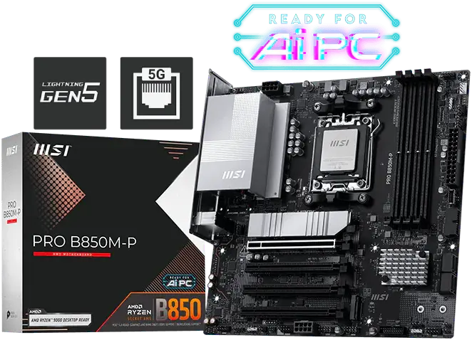 MSI PRO B850M-P – 3x M.2, 3x USB 10Gbps, AM5, 8200 DDR5, PCIe 5.0, 5 GbE LAN, Realtek ALC897