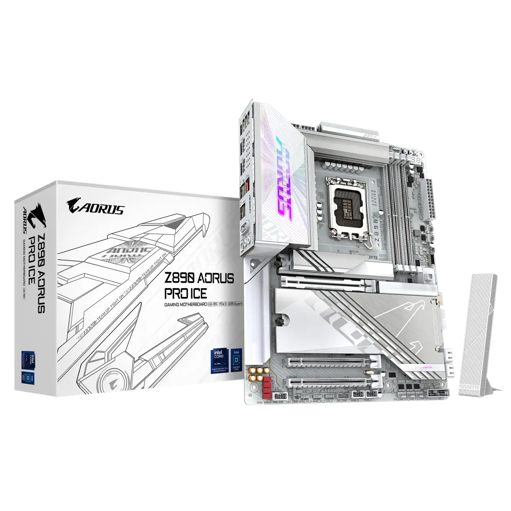 Gigabyte Z890 AORUS PRO ICE WiFi 7 DDR5 ATX Motherboard – LGA 1851, PCIe 5.0, Dual Gen 5 M.2, USB4 40 Gbs, 2.5 Gb LAN, White RGB Armor