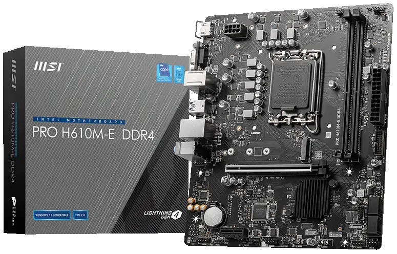 MSI PRO H610M-E DDR4 M-ATX Motherboard 911-7D48-066 – LGA 1700, 2x DDR4 Slots, PCIe 4.0, 4x USB 3.2, Realtek 7.1, 1GbE LAN