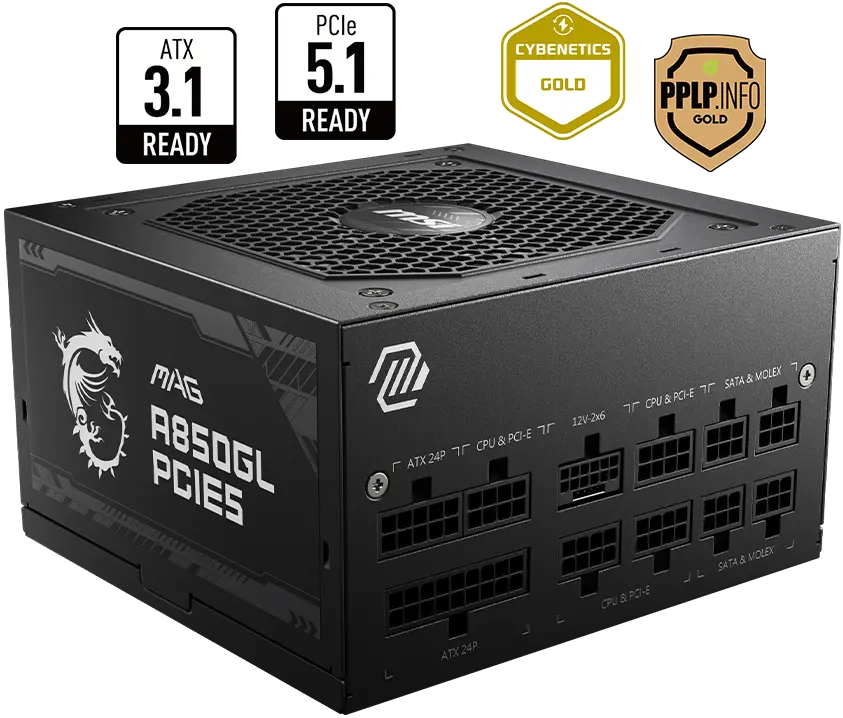 MSI MAG A850GL PCIE5 – ATX 3.1, 850W 80+ Gold, Fully Modular, 90% Efficiency, LLC Full Bridge Topology