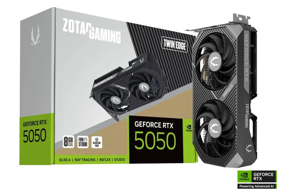 ZOTAC GAMING GeForce RTX 5050 Twin Edge ZT-B50500E-10M – 8GB GDDR6, 2572MHz Boost, PCIe 5.0, DLSS 4, 3xDP, 1xHDMI
