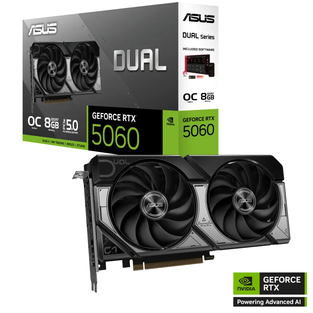 ASUS Dual GeForce RTX 5060 8GB GDDR7 – 2565MHz OC, PCIe 5.0, 3840 CUDA Cores, DLSS 4, Dual-Fan Cooling, Blackwell